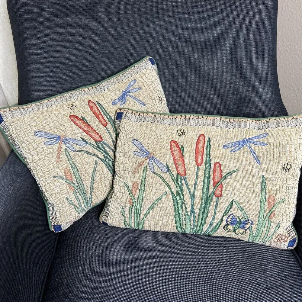 Dragonfly Tapestry Throw Accent Pillows Set Of 2 Cattail Butterfly 16